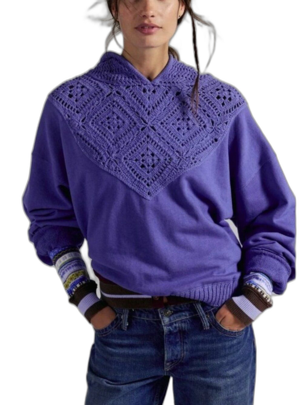 NWOT Free People Jocelyn Crochet Hoodie Sweatshirt Blue Purple XS Bohemian Beach